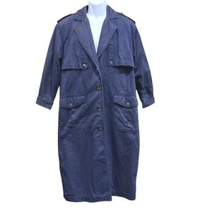 Together! Vintage Utility Duster Coat Women 6P Navy Blue Cotton Trench Longline